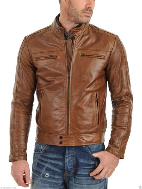 mens real lambskin tan brown leather motorcycle jacket slim fit biker jacket platinum leathers