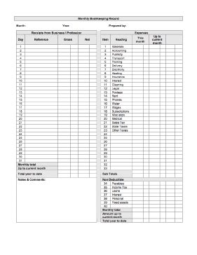 monthly bookkeeping record template cleaning business bookkeeping