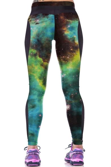 elastic waist galaxy print patchwork color block yoga leggings