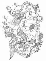 Mermaid Coloring Ink Drawing Pages Fairy Fantasy Adults Curious Ocean Tale Coral Fish Adult Colouring Tattoo Instant Visit Vintage Sheets sketch template