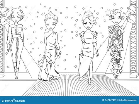 coloring girls  glamor dress  fashion show stock vector
