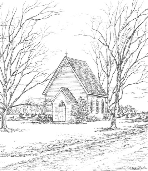 sketch  small country church sketch coloring page