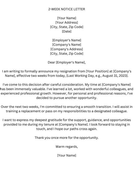 professional  week notice resignation letter template instant