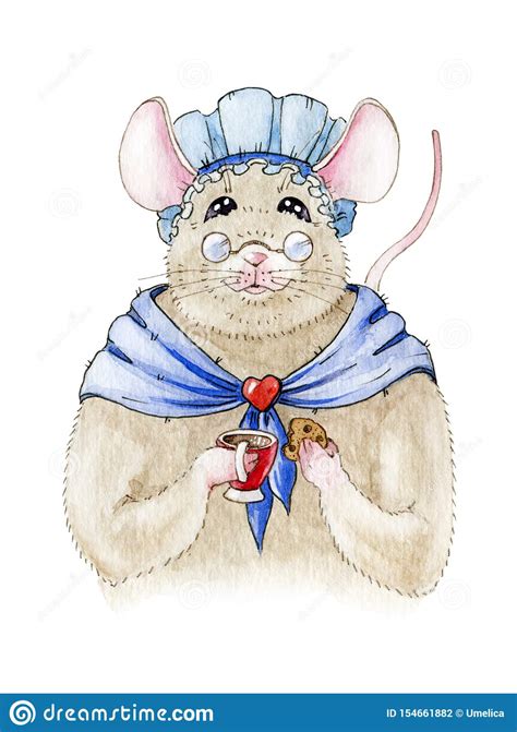 Watercolor Illustration Of A Small Funny Mouse In A Blue