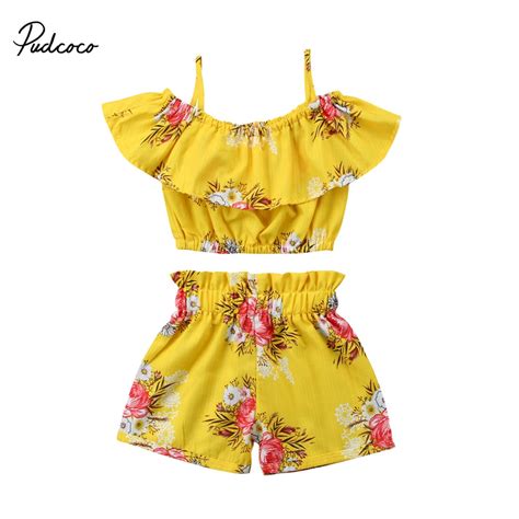 pudcoco toddler girl summer clothing  shoulder ruffle tops elastic shorts bottoms boutique