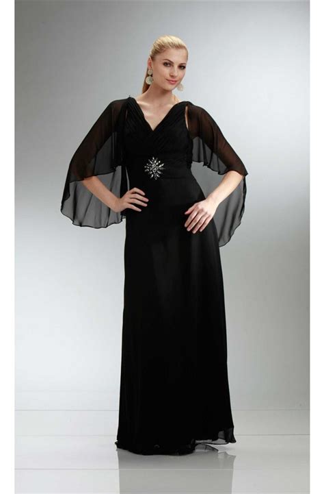 sheath v neck long black chiffon mother evening dress with shawl