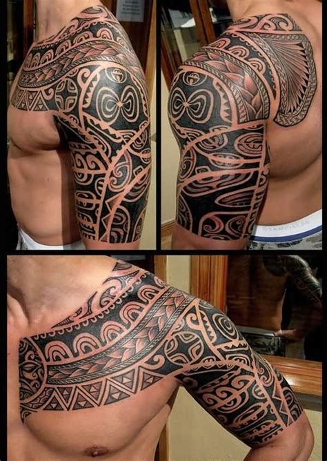 men show terrific aztec pattern tattoo on left upper arm