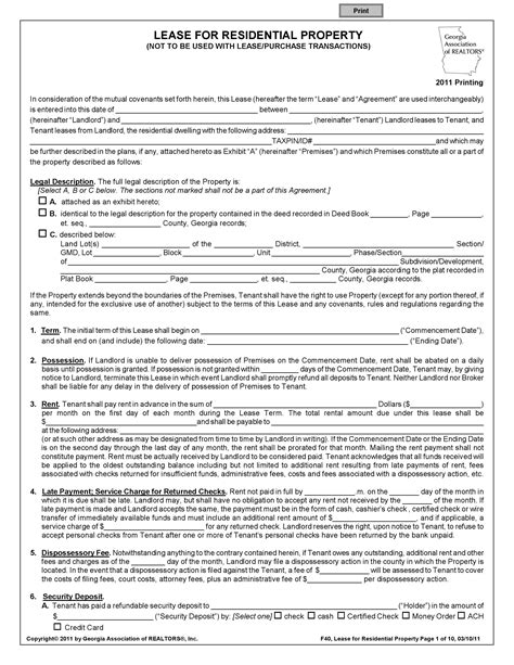 georgia residential lease agreement  template form