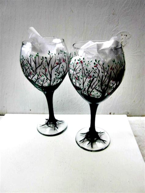Wine Glasses Hand Painted Trees Pair Of Tree Wine Glasses