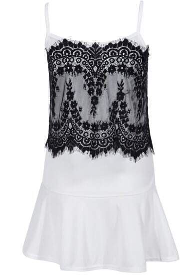 white contrast lace spaghetti strap pleated dress shein sheinside