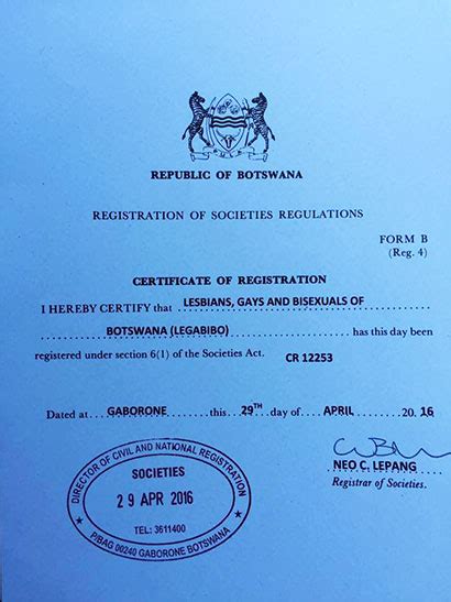 victory botswana gay group is officially registered