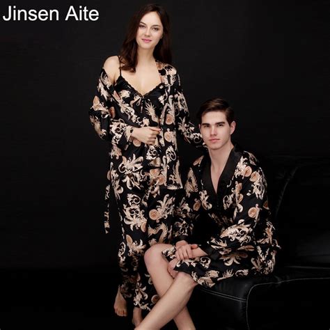 jinsen aite couple silk print autumn spring pajamas set women men sexy