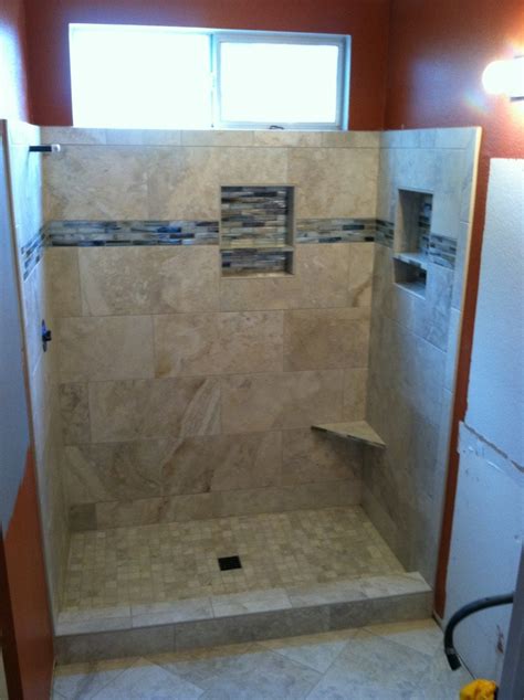 porcelain shower with glass tile feature band