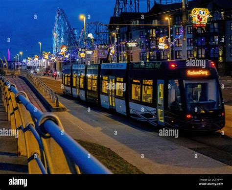 blackpool illuminations  tram  pleasure beach stock photo alamy