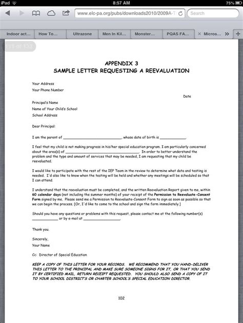 sample letter requesting  reevaluation school address letter