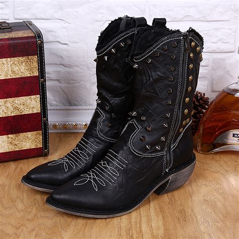 sipriks luxury men cowboy boots leather black embroidered zipper boots  men pointy toe rivet