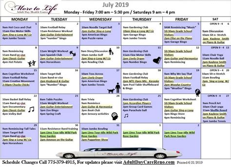 Adult Day Care Calendar More To Life Sparks Nevada