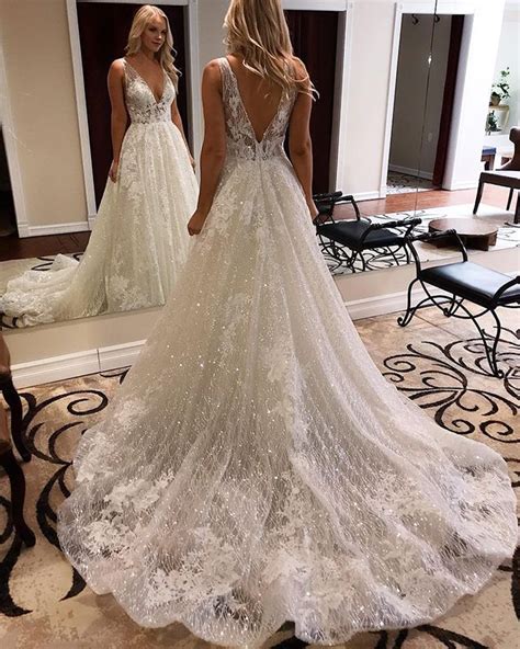 elegant deep v neck sparkle appliqued a line wedding dress wd2077