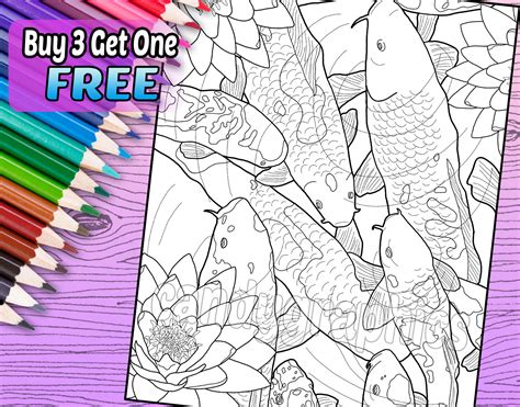 koi fish pond adult coloring book page printable instant  etsy