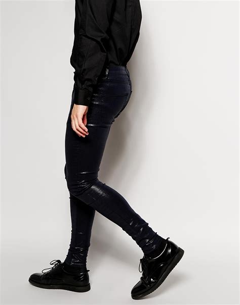 asos extreme super skinny jeans with shiny coating in navy blue for