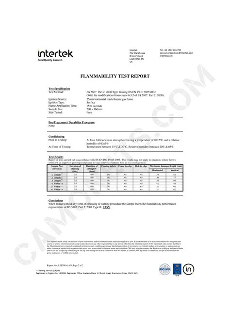 fire retardant test certificate flammability test report