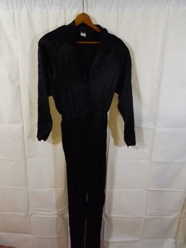 vtg 1980s justine jet black satin jumpsuit womens 7 8 classy curvy cat