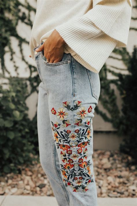 Bright Floral Embroidery On Jeans Roolee Fashion