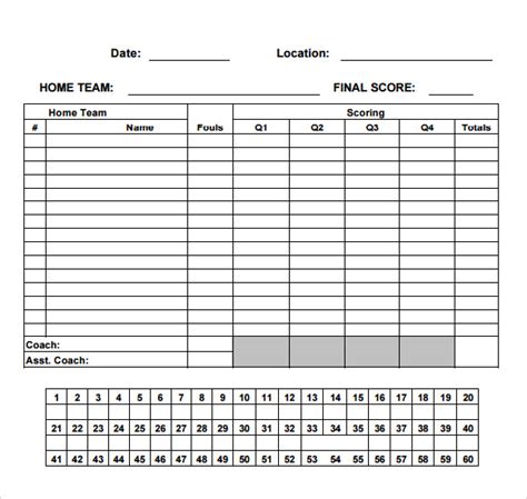 simple basketball score sheet printable   scorecards templates