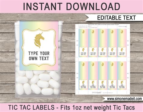 unicorn tic tac labels template unicorn theme birthday party favors