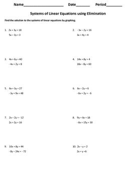 algebra  worksheet solving systems  linear equations  elimination