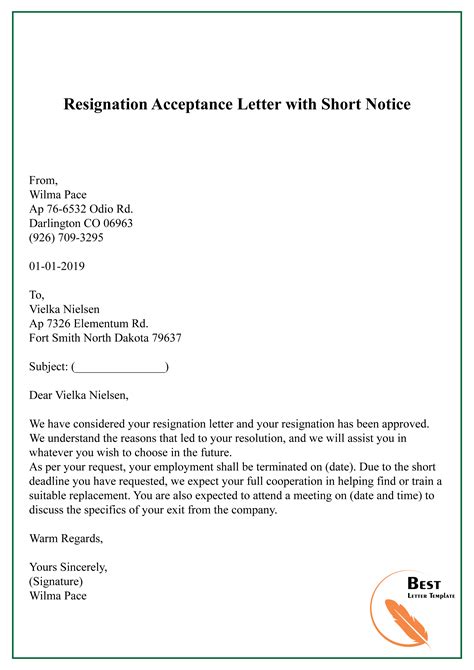 resignation acceptance letter  short notice   letter template