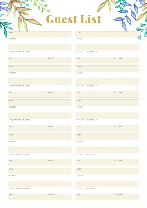 printable wedding guest list template   track