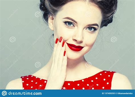 pin up woman portrait beautiful retro female in polka dot dress with