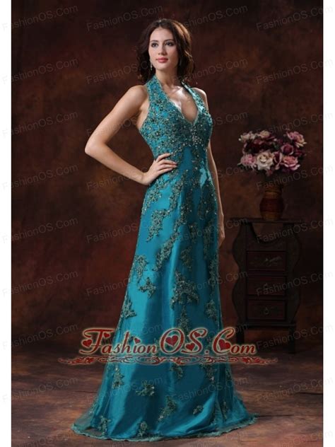 halter turquoise brush train prom dress with appliques