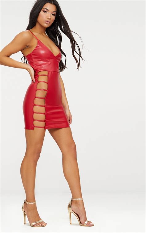 Red Pu Extreme Split Bodycon Dress Dresses Prettylittlething