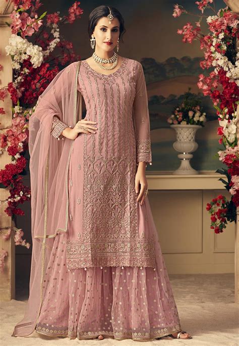 embroidered net pakistani suit in dusty pink kch2158