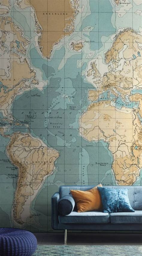 bathyorographical vintage map mural in 2020 world map