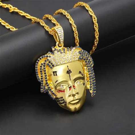 Full Crystals Gold Xxxtentacion Head Big Pendant Hip Hop Necklace Mens