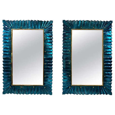 Pair Of Mirrors With Colored Glass And Brass At 1stdibs