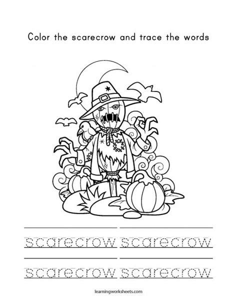 color  scarecrow  trace  words learning worksheets halloween