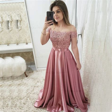Elegant Hot Pink Satin A Line Prom Dresses Long Off Shoulder Women