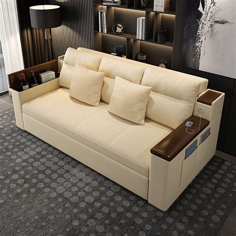 beige full sleeper sofa linen convertible sofa bed storage side pockets