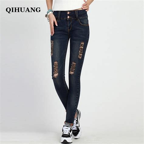 qihuang plus size shredded ripped skinny jeans women blue mid waist