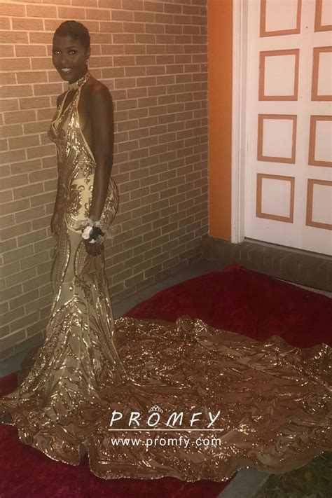 gold sequin halter  neck mermaid long prom dress