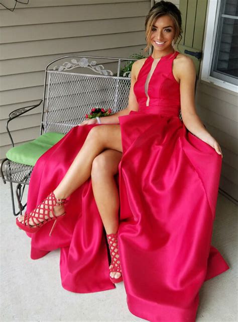 sexy side slit red satin long prom dresses illusion neck