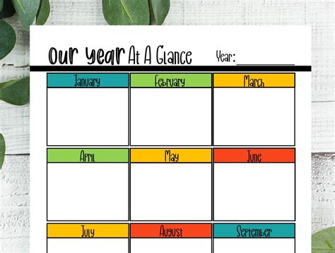 year   glance calendar printable printable calendar etsy