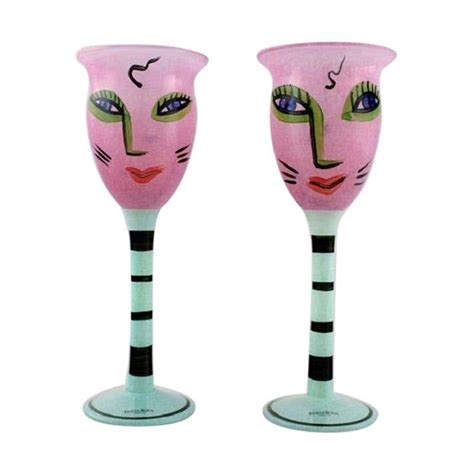 Ulrica Hydman Vallien For Kosta Boda Two Hand Painted Wine Glasses At