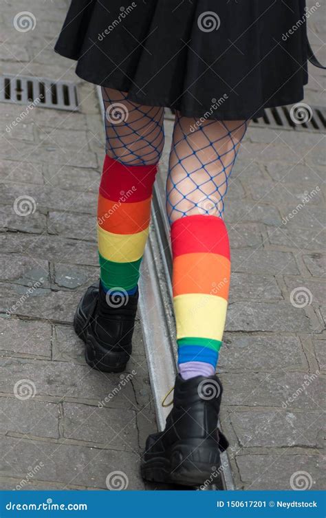 rainbow socks on lesbian girl walking in the street stock image image
