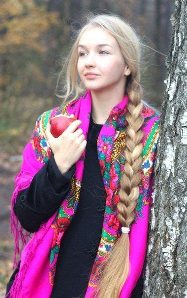 russian girl in traditional shawl beautiful long hair