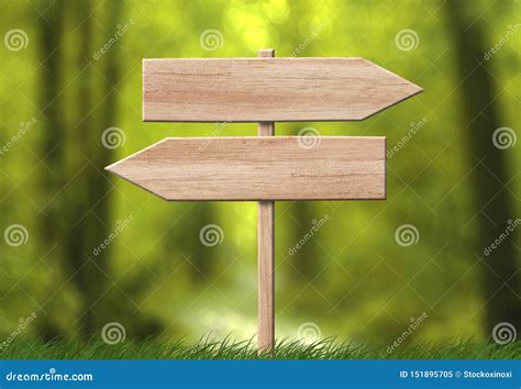 wooden direction double arrow roadsign  forest background stock